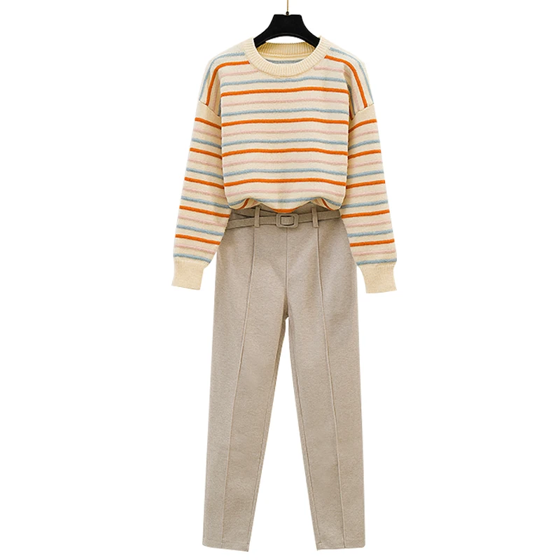 

Loose Rainbow Stripe Knitted Sweater Haroun Pants Suit Women 2 Pcs Clothing Set Casual Outfit Trousers Pullover Top Good Quality