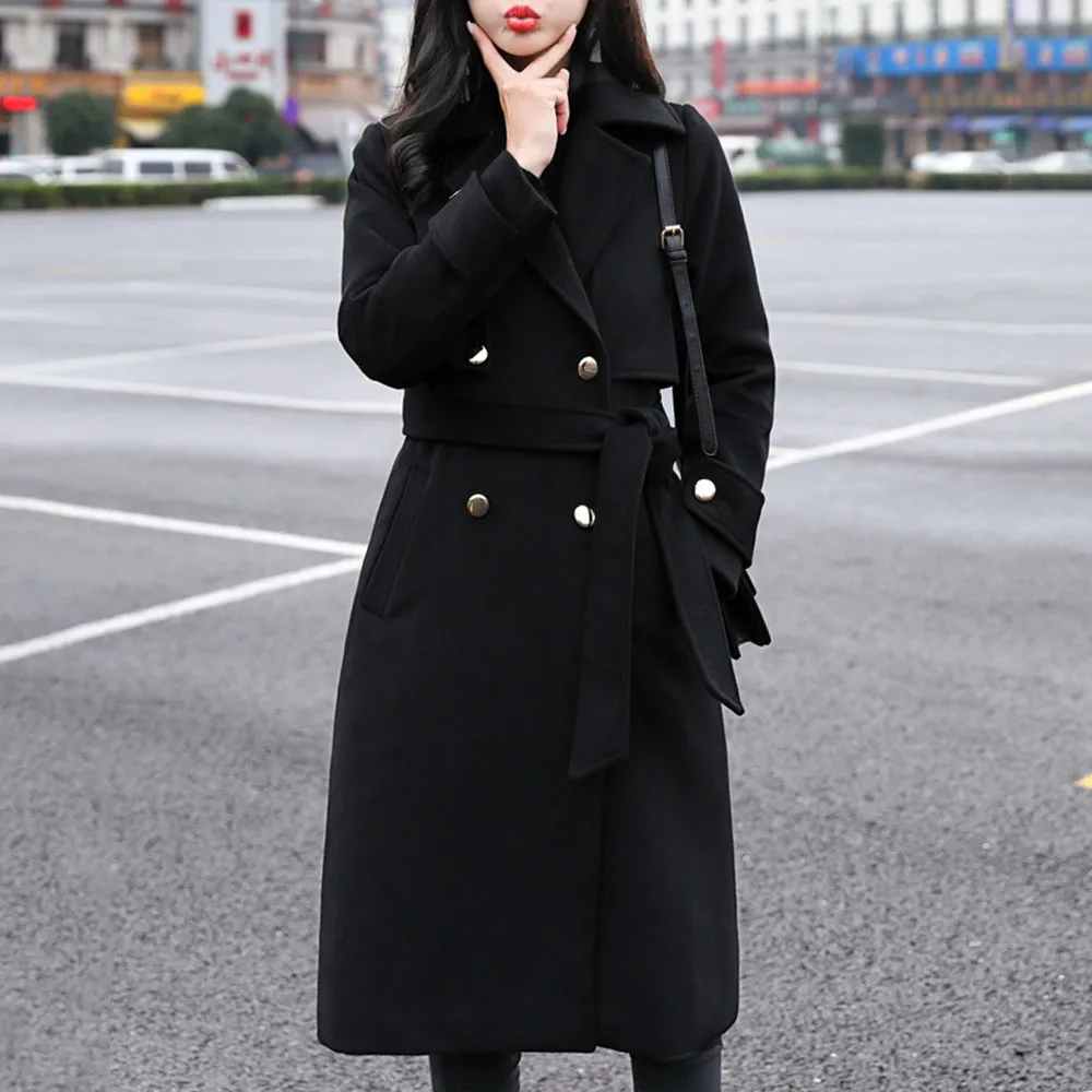 Черное длинное шерстяное Женское пальто осень зима офисное женское винтажное пальто шикарное женское Шерстяное элегантное минималистичное элегантное