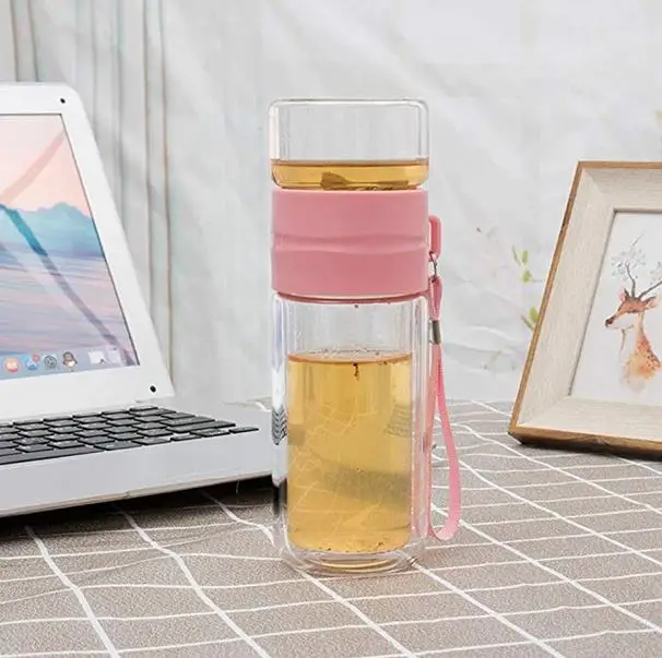 Tea Glass Bottle Double Wall Glass Borosilicate with Infuser Water Bottle Coffee Fruit Flower Filter Drink Bottle 14 OZ/350ML