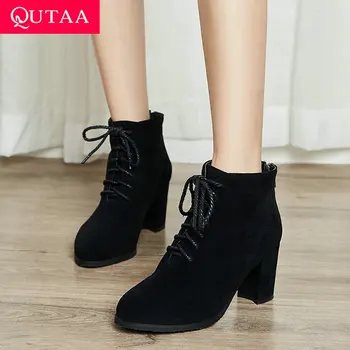 

QUTAA 2020 Lace Up Zipper Round Toe Casual Ankle Boots Flock Fashion Square High Heel Autumn Winter Women Shoes Big Size 34-43