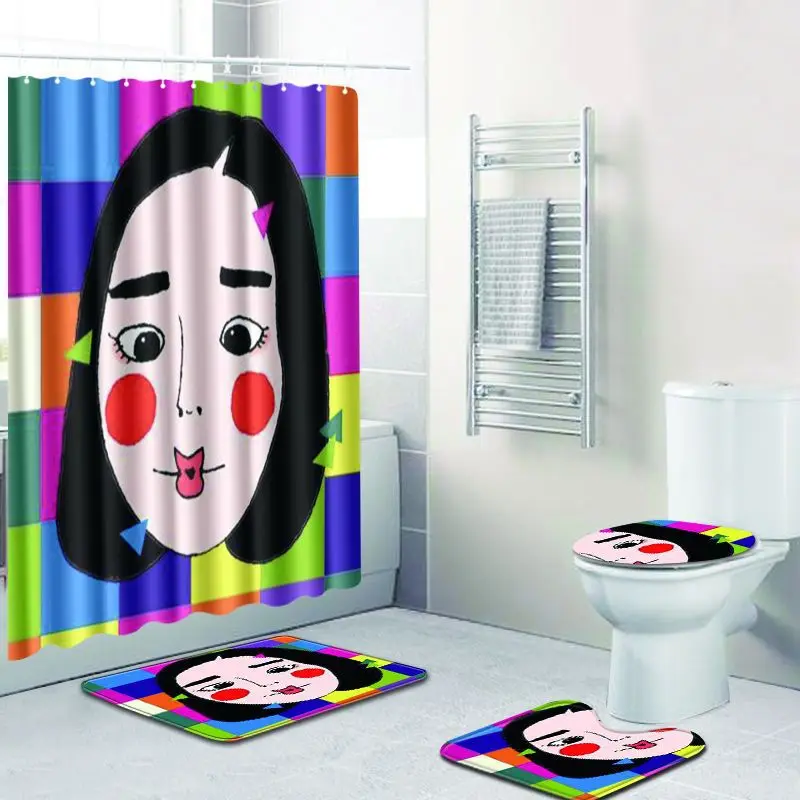 4pcs/set Creative 3D Cool Men Shower Curtain Waterproof Polyester Fabric Washable Modern Solid Toilet Seat Cover Anti-slip Mat