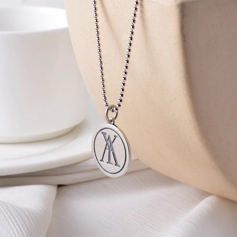 

S925 Fine Silver Ay round Plate Necklace Retro Thai Silver Hong Kong Style INS Online Celebrity-Sweater Chain Necklace 7636