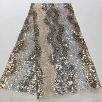 

(5yards/pc) gorgeous sequins and glass tube beads embroidered African French net lace fabric high grade for party dress FRR081