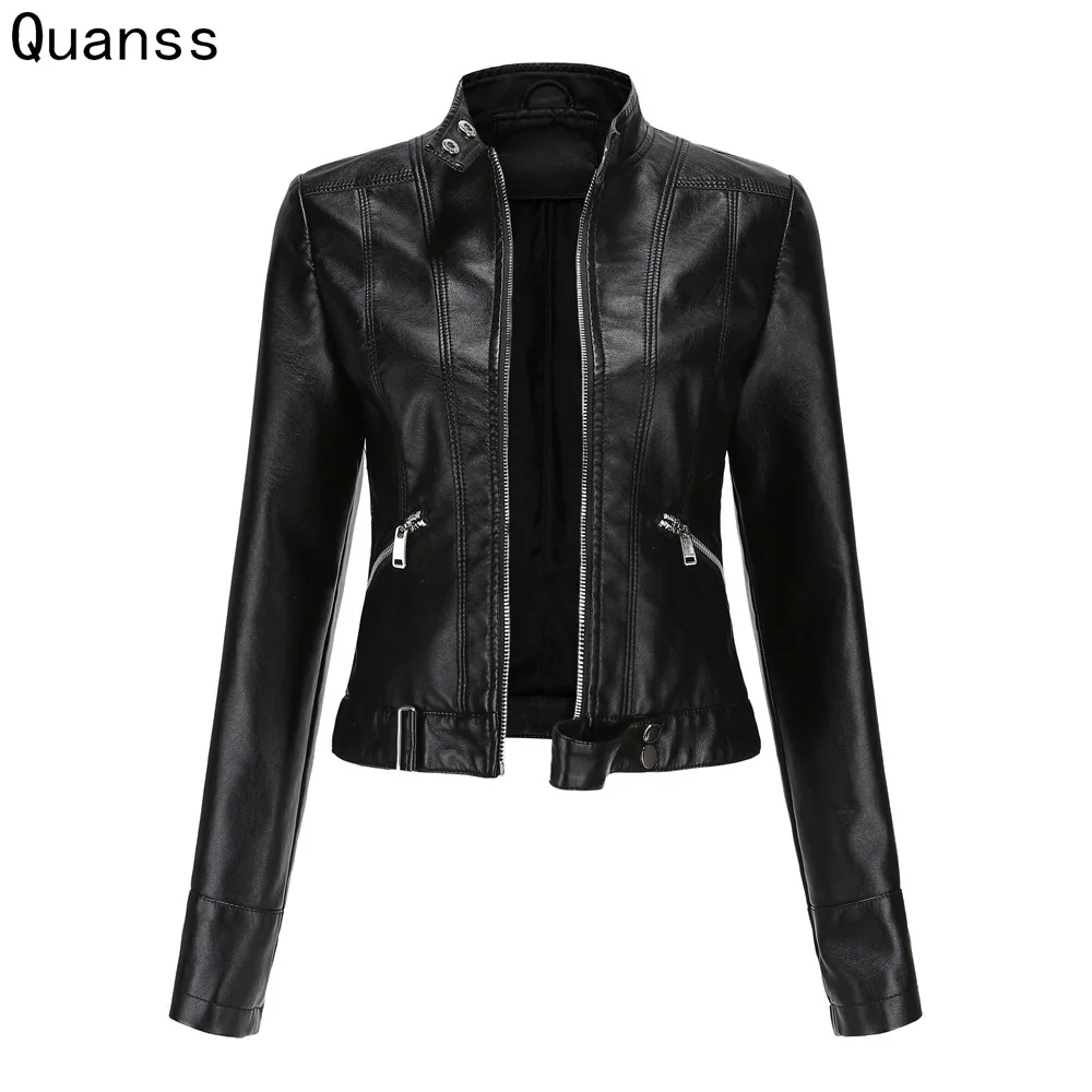 

Quanss 2021 New Spring Autumn Clothes Women's Pu Faux Leahter Short Jacket Coat Fashion Slim Street Moto Biker Black Outwear