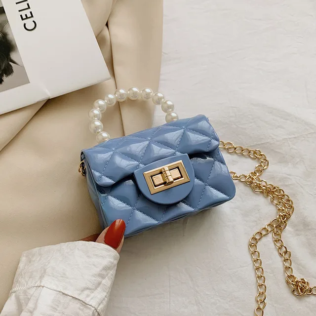 Dikaril Women Mini Handbag New Elegant Shoulder Messenger Portable Chain Bag Girl Cute Bag Pearl Crossbody Rhombus Small Bags sky blue