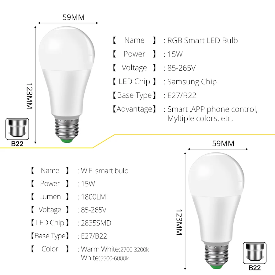 Беспроводной Bluetooth умный светодиодный светильник E27/B22 15 Вт Wifi умный светильник с регулируемой яркостью Домашний Светильник ing Quarto APP светодиодный светильник с дистанционным управлением