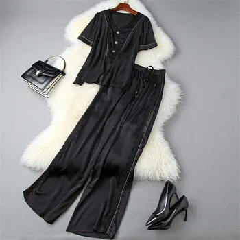 

New 2020 Elegant Summer Pants 2 Piece Set Women Fashion Designers Beading Black Chiffon Shirt and Pants Suit Matching Set