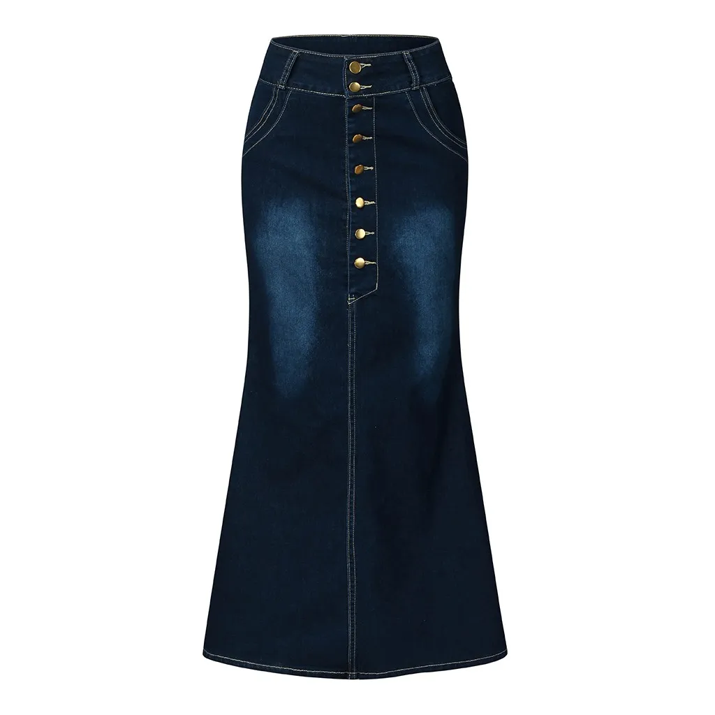Женские повседневные потертые джинсовые юбки трапециевидной формы с пуговицами спереди, длинная джинсовая юбка, юбки для женщин, s jupe femme faldas mujer moda кожаня - Цвет: Dark Blue