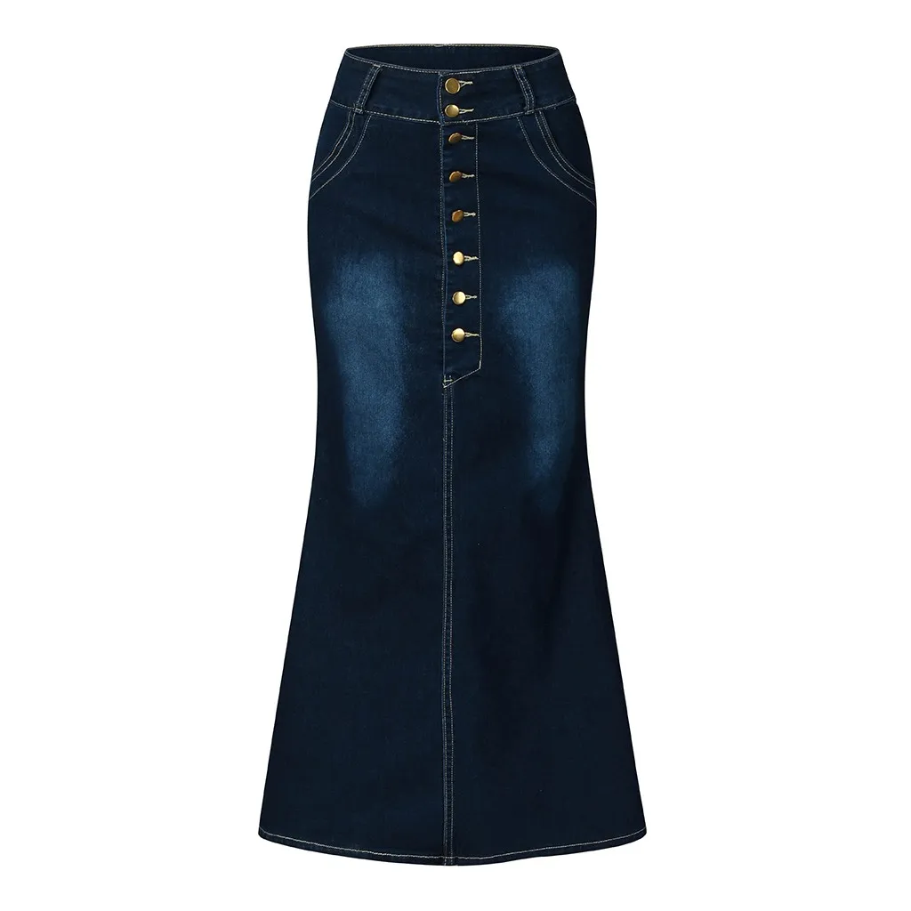 Dark Blue Женские повседневные потертые джинсовые юбки трапециевидной формы с пуговицами спереди, длинная джинсовая юбка, юбки для женщин, s jupe femme faldas mujer moda кожаня - Цвет: Dark Blue