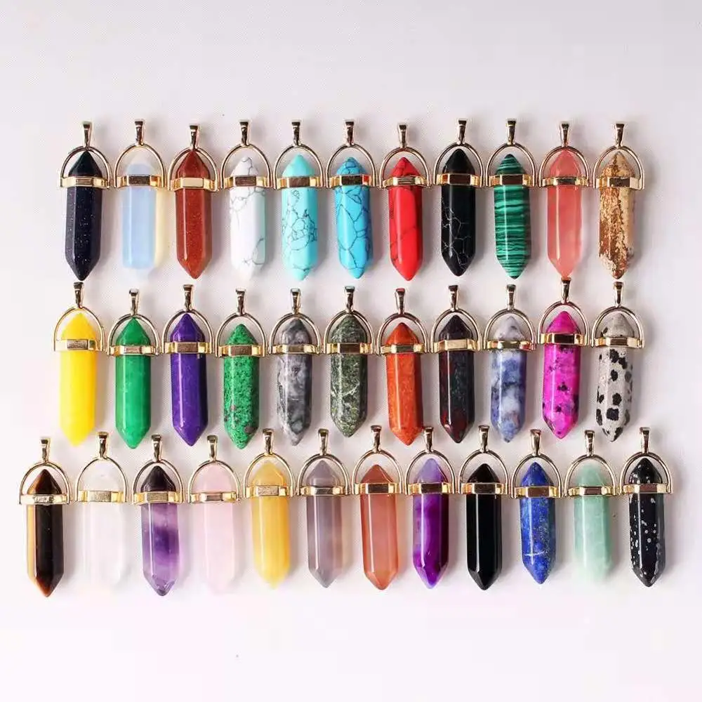 

Natural Stone Lapis Opal Pink Purple Crystal Hexagonal Column Pendant Necklace Golden Buckle Fashion Charms Women Wholesale