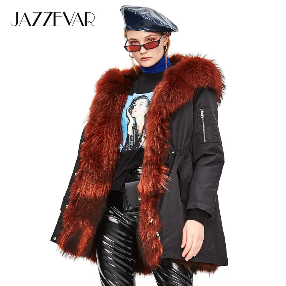 JAZZEVAR Новая парка зимняя женская высокая мода стиль сафари женская роскошная парка из меха енота толстая меховая подкладка дамское пальто с капюшоном