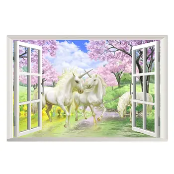 

1PC 3D Fake Window Unicorn Wallpaper Creative Home Wall Decal Removable Background Wall Poster for Living Room Bedroom Kids Room