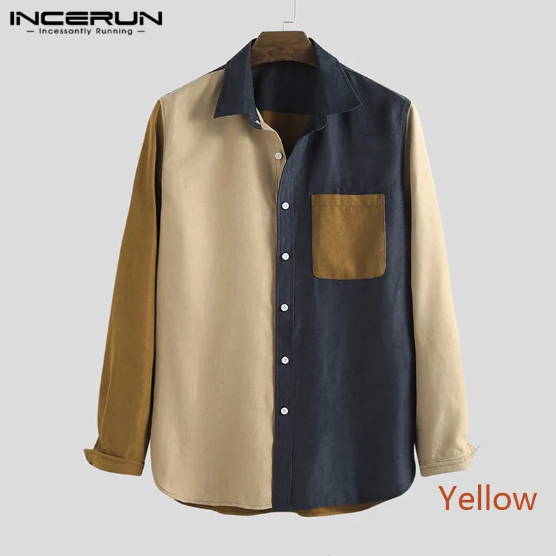 Yellow Shirt Осенняя мужская рубашка в стиле пэчворк, вельвет, длинный рукав, воротник с лацканами, карманы, топы, стильная уличная одежда, повседневные рубашки, мужская верхняя одежда - Цвет: Yellow Shirt