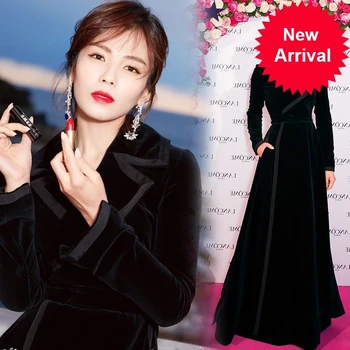 

Winter New 2020 Runway Designer Women Vintage Notched Collar Wrap Black Velvet Maxi Coat Thick Warm Long Trench Coat Outwear