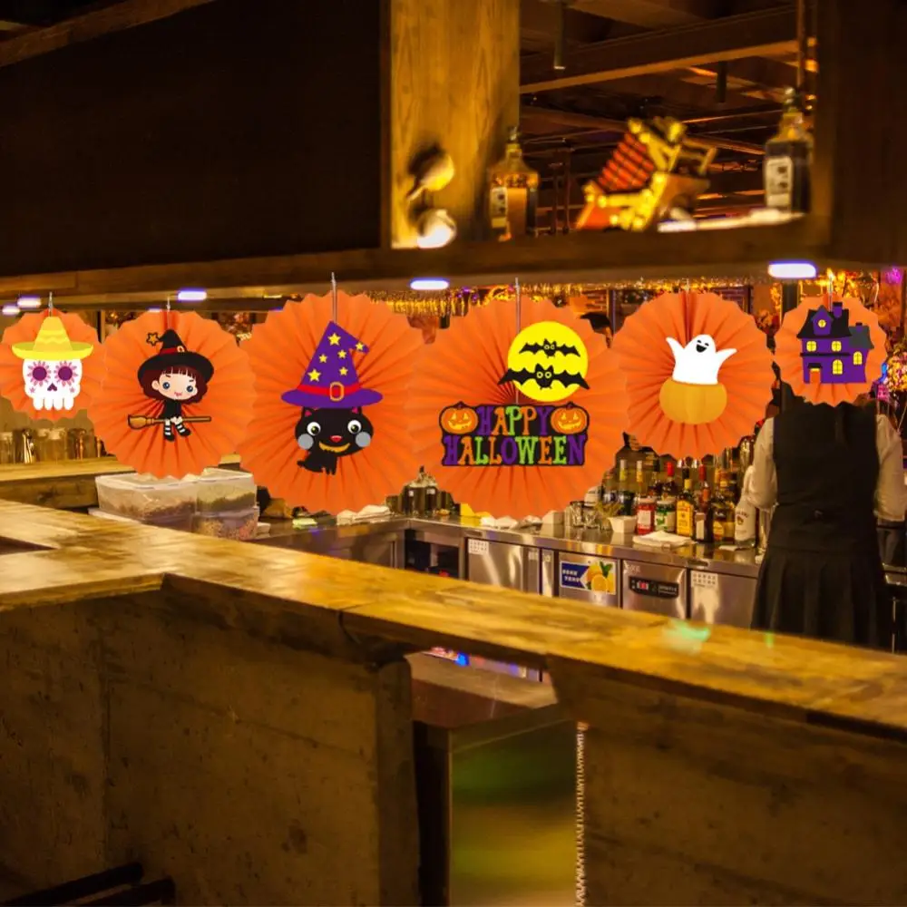 

6Pcs Halloween Handmade Paper Fan Decorations Diy Round Paper Fan Flower Party Ornament Party Decoration Home Accessories