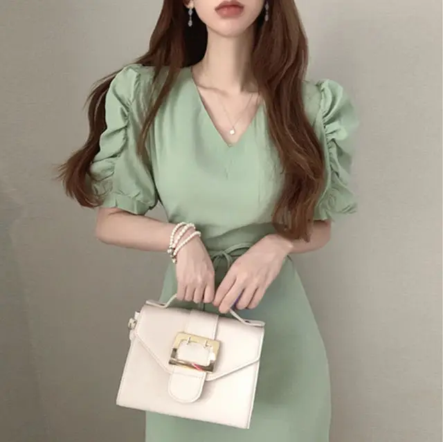 

Korean chic retro women dress summer V-neck straps slim dresses solid color bubble sleeve dress vestidos my430