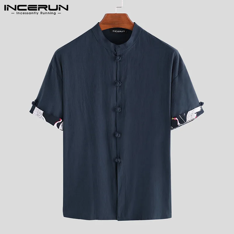 Navy Shirt INCERUN Мужская винтажная хлопковая рубашка со стоячим воротником в стиле пэчворк с коротким рукавом, повседневные уличные рубашки в китайском стиле, мужские брендовые рубашки Camisa S-3XL 7 - Цвет: Navy Shirt