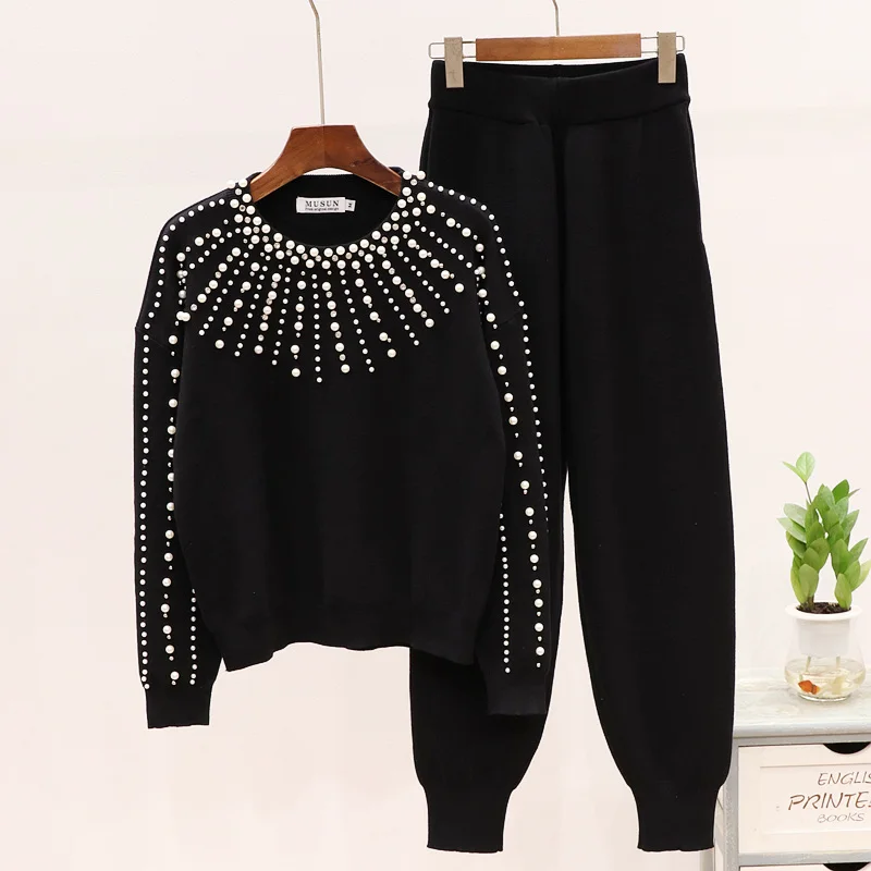 

2020 Spring Loose Black Knitted Set Women Tracksuit Beading Tassel Long sleeve Sweater + Long Pants Set Female Casual Knit 2pc