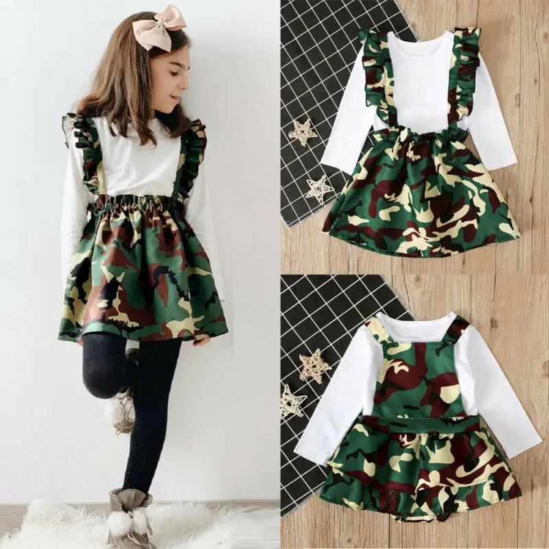

2Pcs Baby Sister Girl Match Big Little Girl Shirt Top+Strap Camo Skirt Shorts Outfit Children Clothes Set