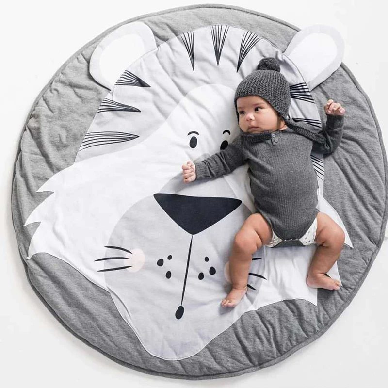 Play Mat Cartoon Animal Baby Mat Newborn Infant Crawling Blanket Cotton Round Floor Carpet Rugs Mat for Kids Room Nursery Decor - Color: Tiger