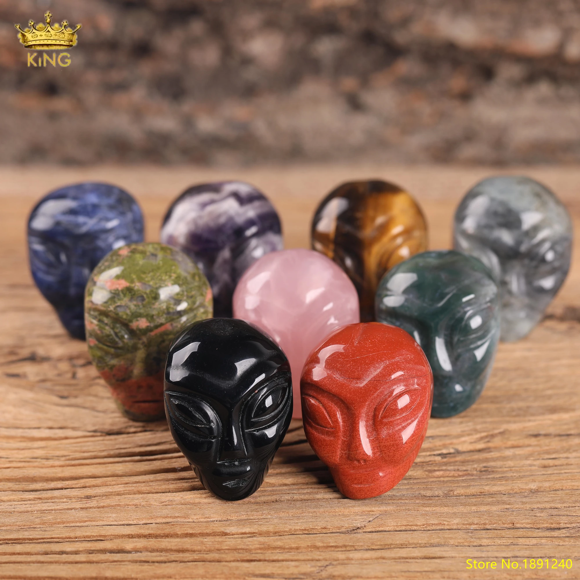 

King 1.8 "Natural Gem Hand Carved Alien Skull Statuette Home Decor, Obsidian/Agate/Quartz Alien Head Pocket Statuette