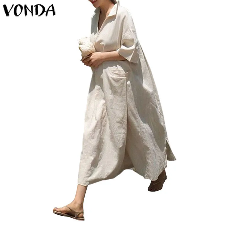 Beige VONDA, платье до середины икры, женские сексуальные вечерние платья-рубашки, летние повседневные свободные платья с v-образным вырезом и расклешенными рукавами размера плюс - Цвет: Beige