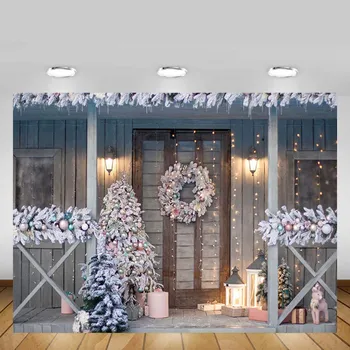 

Mehofond Christmas Backdrop Outdoor Tree Wreath Wood Door Glitter Light Baby Portrait Photography Background Props Photo Studio