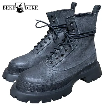 

2020 New Women Lace Up Thick Platform Ankle Boots Genuine Leather Motorcycle Boots Round Toe Female Biker High Top Riding Shoes