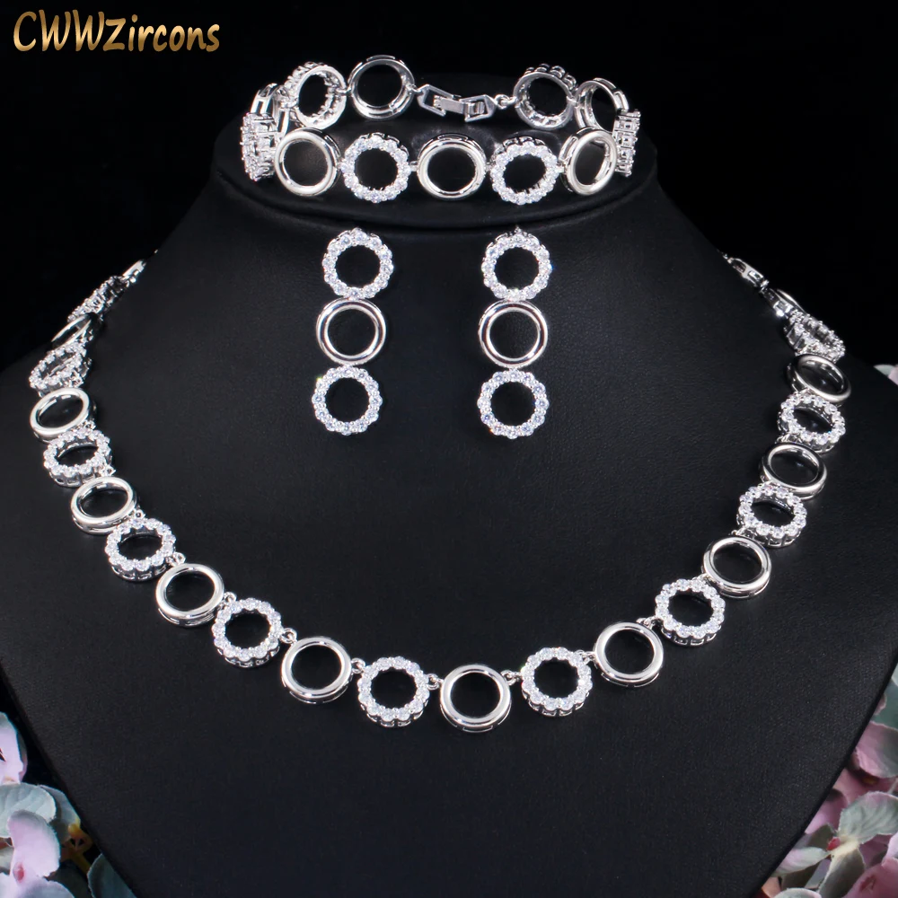 

CWWZircons 3 pcs Round Wedding CZ Bracelet Necklace and Earrings Sets Shiny White Gold Color Dubai Bridal Costume Jewelry T515