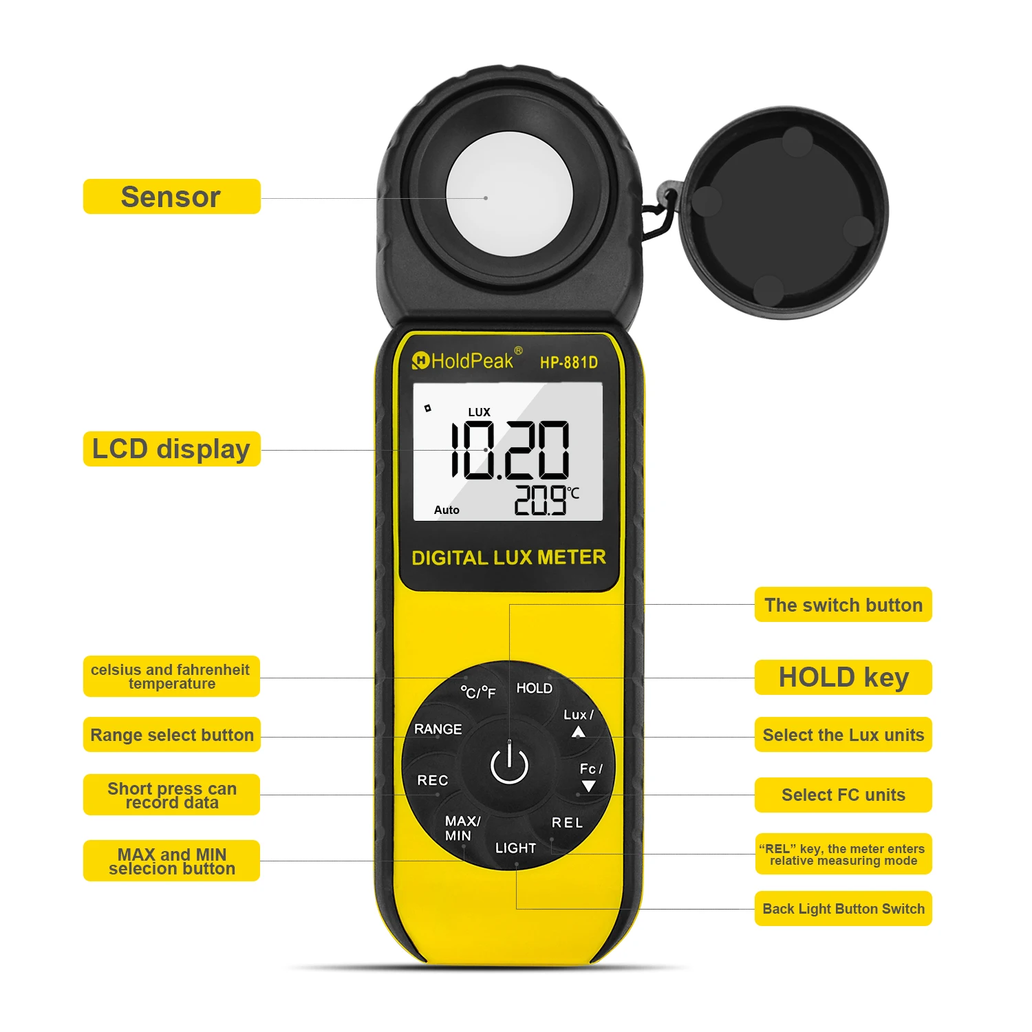 HoldPeak HP-881D New Digital LUX Meter 4000,000 LUX/FC selection High Precision Digital Luxmeter Handheld Type Illuminometer most accurate tape measure