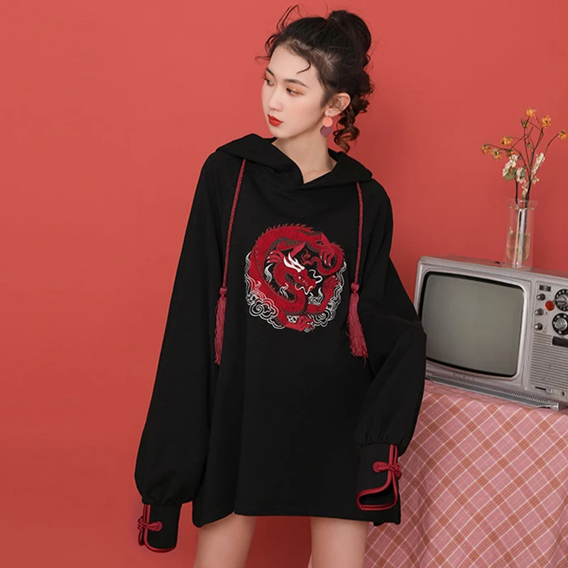 Spring New Female Sweatshirt Solid Color Dragon Embroidery Vintage Hooded Lantern Sleeve All-match Outerwear XZ704