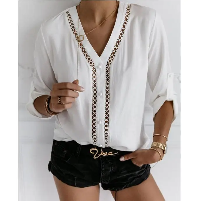 

Women Solid White Chiffon Half Sleeve V Neck Hollow Out Button Casual Blouse Woman Ladies Loose Holiday Top Shirt Blouse