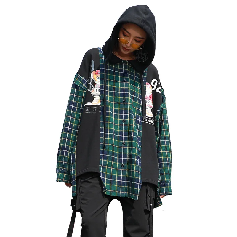 

Harajuku Plaid Hoodies Women 2019 New Patchwork Girls Irregular Hooded Sweatshirt Plus Size Autumn Winter Pullover Hoodies Coats