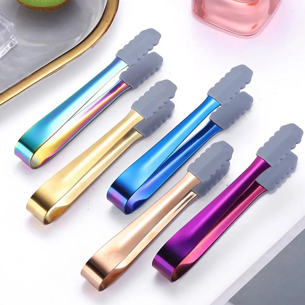 Stainless Steel Ice Cube Sugar Tongs Silicone Anti-slip Food Serving Clip Clamp