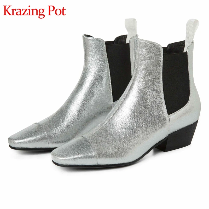 Krazing pot/ г. Высококачественные однотонные Ботинки Челси с квадратным носком на среднем каблуке из микрофибры, сохраняющие тепло, красивые ботильоны для молодых девушек, L79