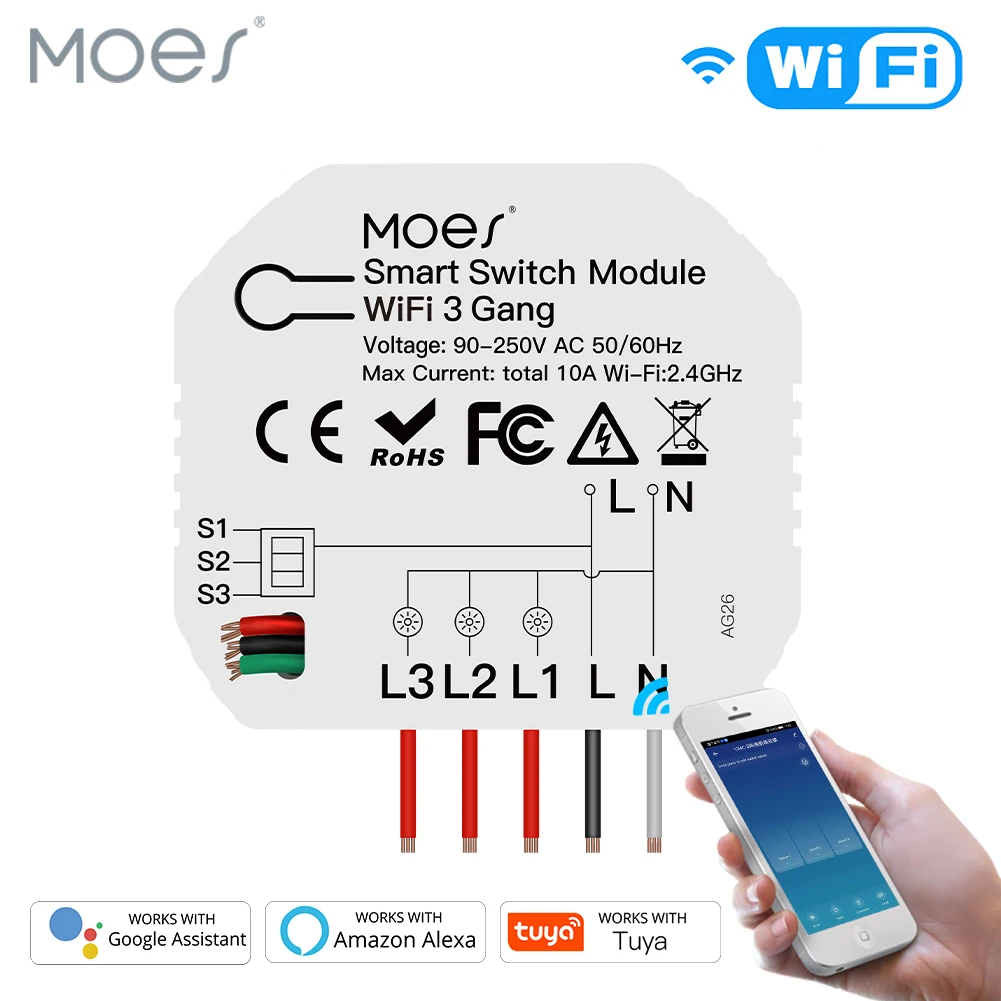 Умный выключатель света Moes Mini Wi-Fi 3 набора 1/2 позиционный модуль Smart Life/Tuya