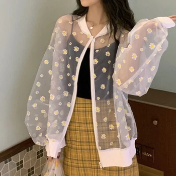 

Mesh See Through Loose Jacket Daisy Floral Print Thin Sunscreen Coat Summer Women Long Sleeve Casual Zipper Bomber Jacket