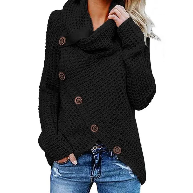 Женский осенне-зимний пуловер с длинным рукавом, топы, водолазка, косая пуговица, вафельный вязаный свитер с неровным подолом, свободная толстовка