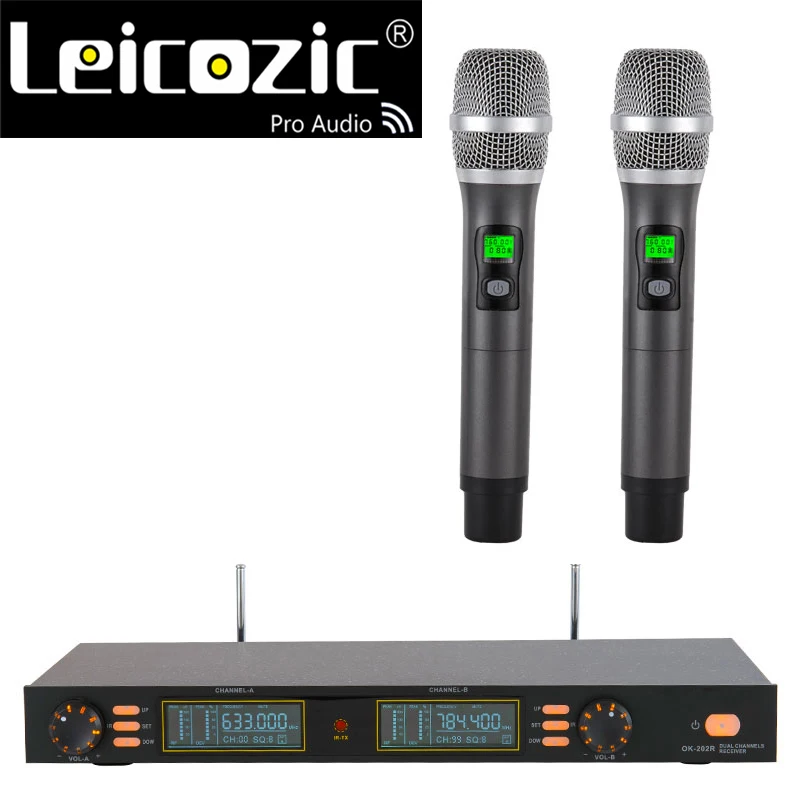 Leicozic Hanheld микрофон Профессиональный 512-537 MHz/633-784 MHz UHF Двухканальный беспроводной