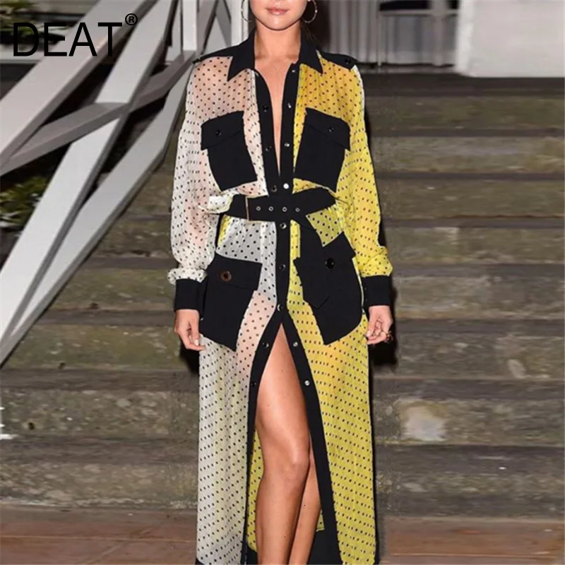 

DEAT 2020 New Autumn And Summer Turn-down Collar Full Sleeves Polka Dots Printed Contrast Colors Shirt Dress WJ77807XXL