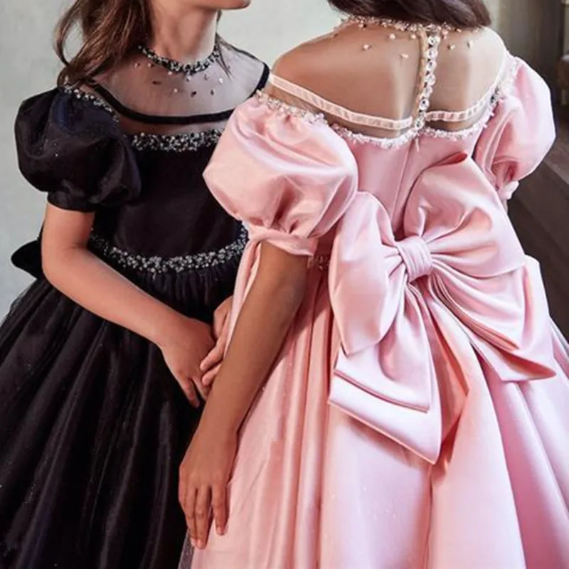 Beaded Sheer Neck Flower Girl Dresses Satin Short Sleeves Ball Gown Lilttle Kids Birthday Pageant Weddding Gown