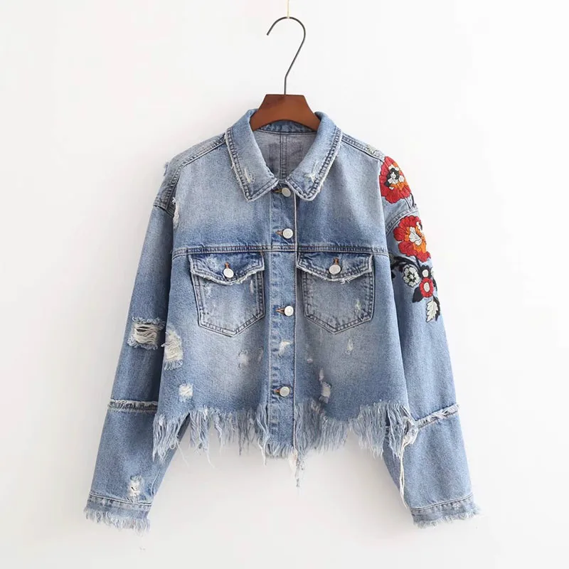 

2019 Autumn Denim Jacket Women Hot Sale Frayed Ripped Hole Floral Embroidered Female Jean Jackets Basic Bomber Jacket