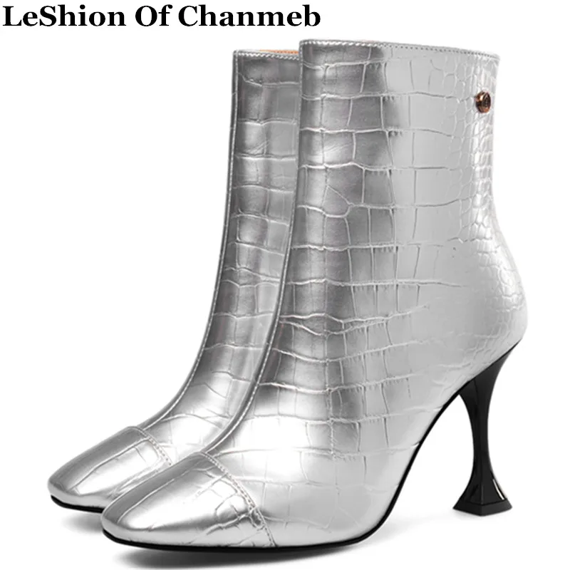 

Hot Sale Snake print Microsoft Leather Women Ankle Boots Thin High Heels Boots Silver Gold Runway Shoes Woman Plus US Size 3-12