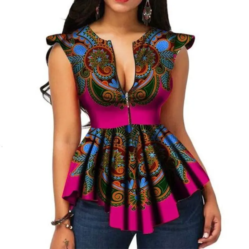 

Summer African Fashion Elegant Ethnic Plus Size Blouse Women Casual Slim Zipper Pleated Print Female Sexy Tops 2019 Chic Shirts
