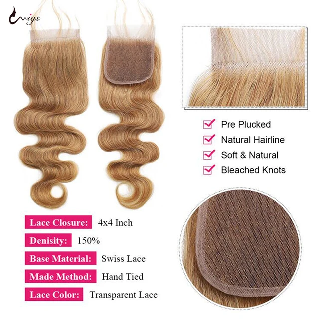 Uwigs Body Wave Bundles With Closure 4X4 Brazilian Hair Weaves Human Hair With Closures 27 Blonde Bundles Remy Hair Extension 2