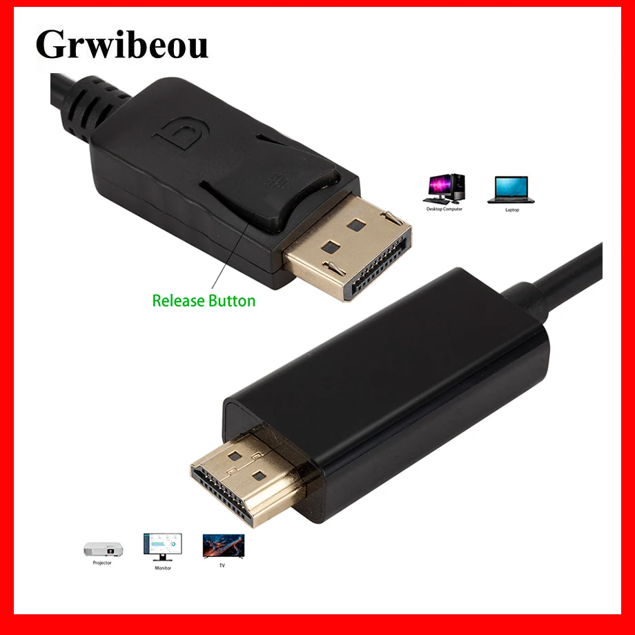 

GRWIBEOU Displayport DP To HDMI Adapter Converter Cable 1.8M 6FT DisplayPort to HDMI for Laptop Projector TV DP to HDMI Adapter