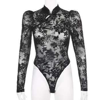 

Chinese Style Button Turtleneck Tights Women Flower Sexy Mesh Tights Retro Button Transparent Lace Bubble Sleeve Bottoming Shirt