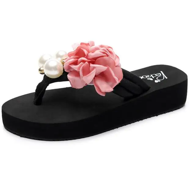 Новые вьетнамки на плоской подошве с цветочным узором для девочек; летние пляжные тапочки с открытым носком и жемчужинами; Нескользящие Детские сандалии; женские шлепанцы; zapatos; s633 - Цвет: Deep pink