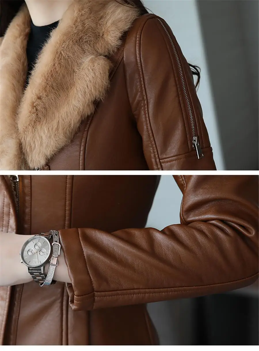 Кожаное пальто средней высоты с меховым воротником, плотное, новинка, зимняя теплая куртка, Женское пальто из искусственной кожи, Женское пальто размера плюс