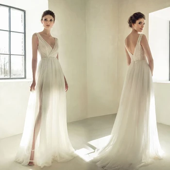 

Vestido De Noiva 2020 Mrs Win Sleeveless V-neck Sexy Backless A-line Princess Wedding Dresses Robe De Mariee Plus Sisz